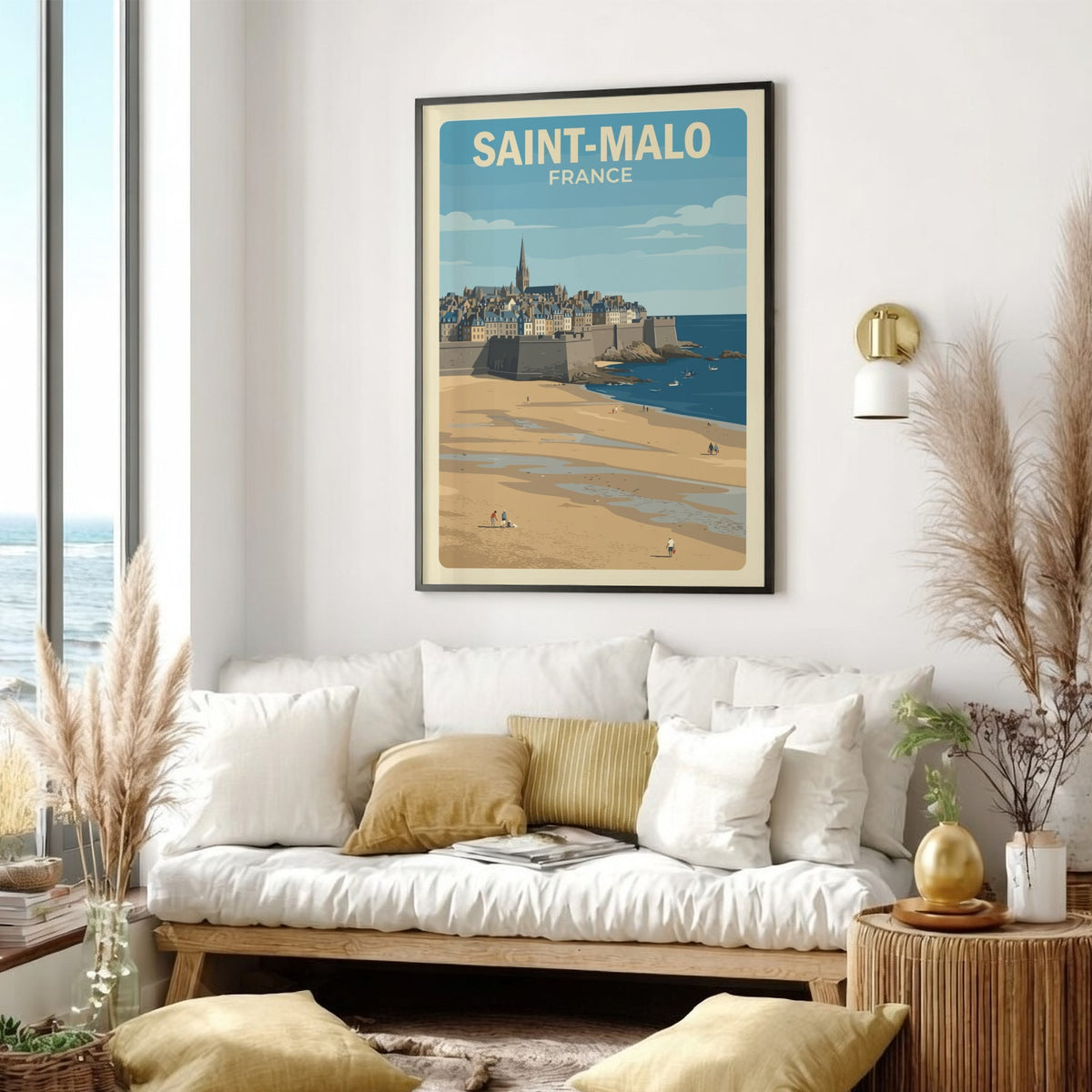 Poster of Saint-Malo France featuring historic stone walls, a cathedral spire, and beach.