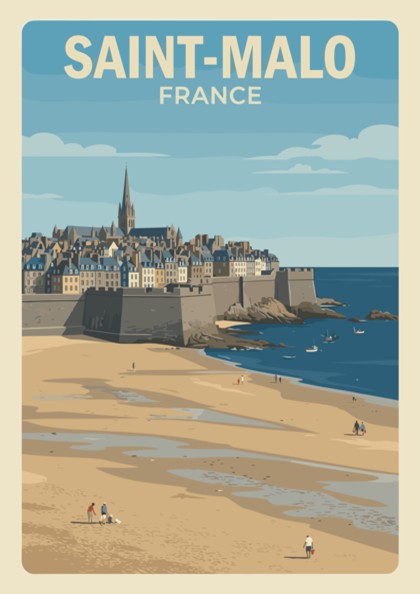 Poster of Saint-Malo France featuring historic stone walls, a cathedral spire, and beach.