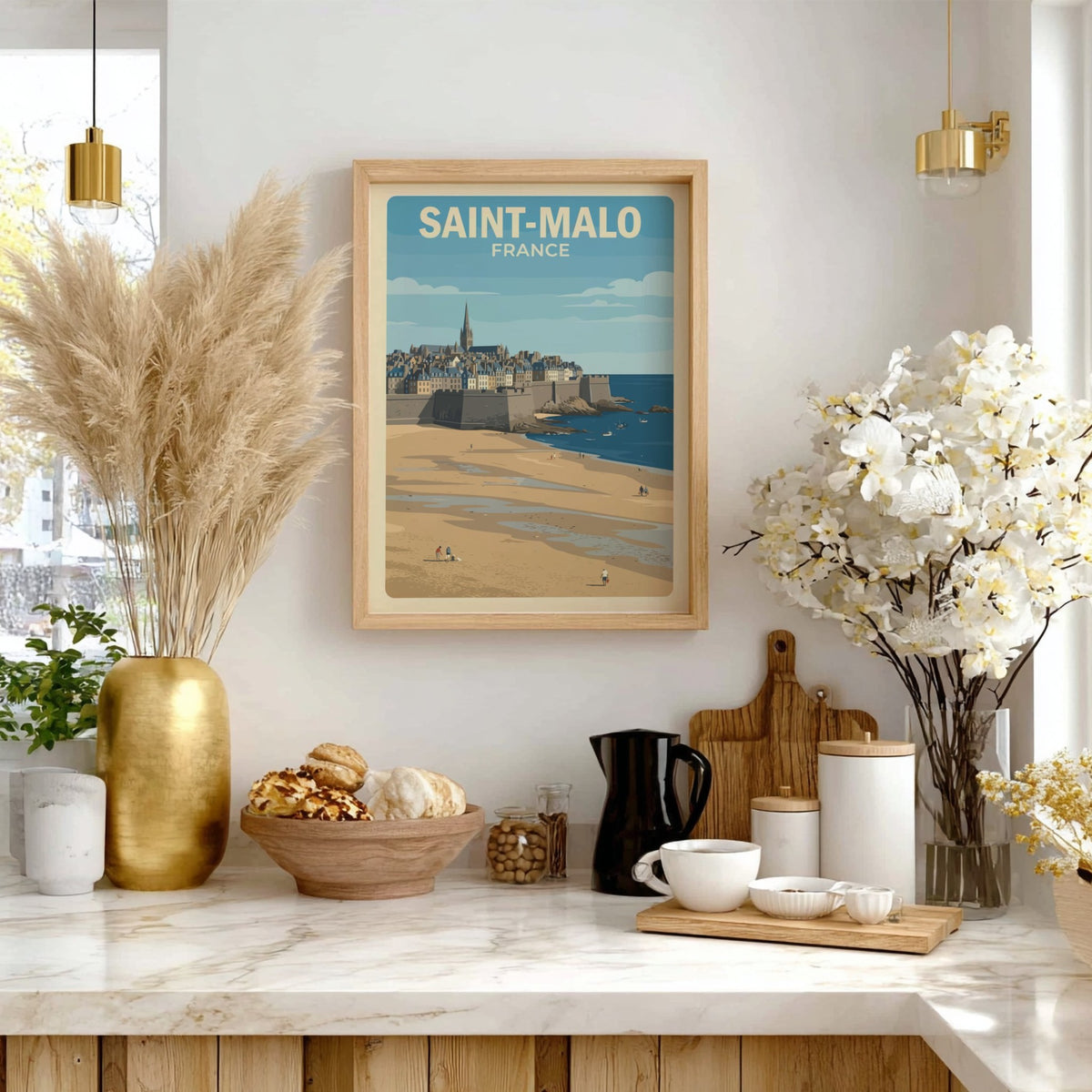 Poster of Saint-Malo France featuring historic stone walls, a cathedral spire, and beach.