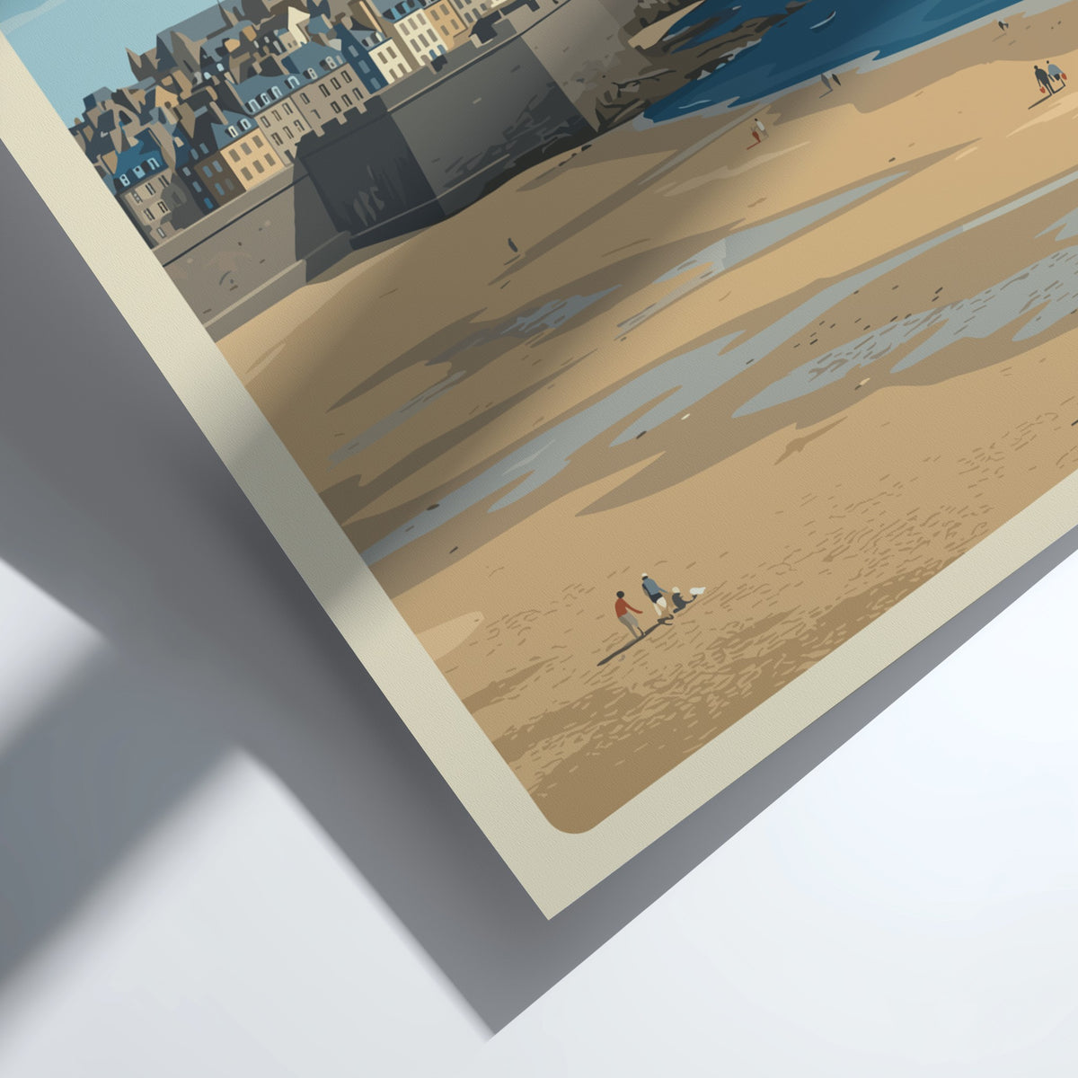 Poster of Saint-Malo France featuring historic stone walls, a cathedral spire, and beach.