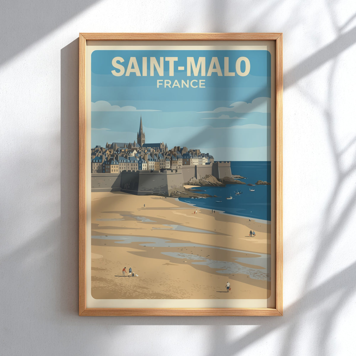 Poster of Saint-Malo France featuring historic stone walls, a cathedral spire, and beach.