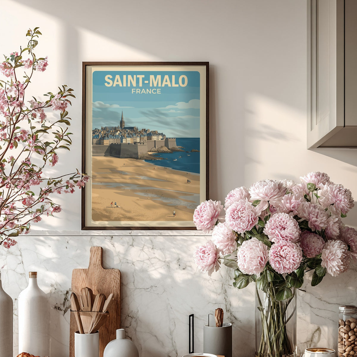 Poster of Saint-Malo France featuring historic stone walls, a cathedral spire, and beach.