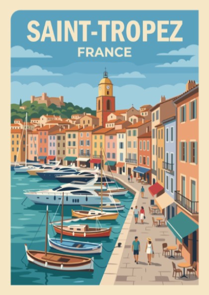 Poster of Saint-Tropez featuring a sunny harbor with yachts and pastel Mediterranean architecture.