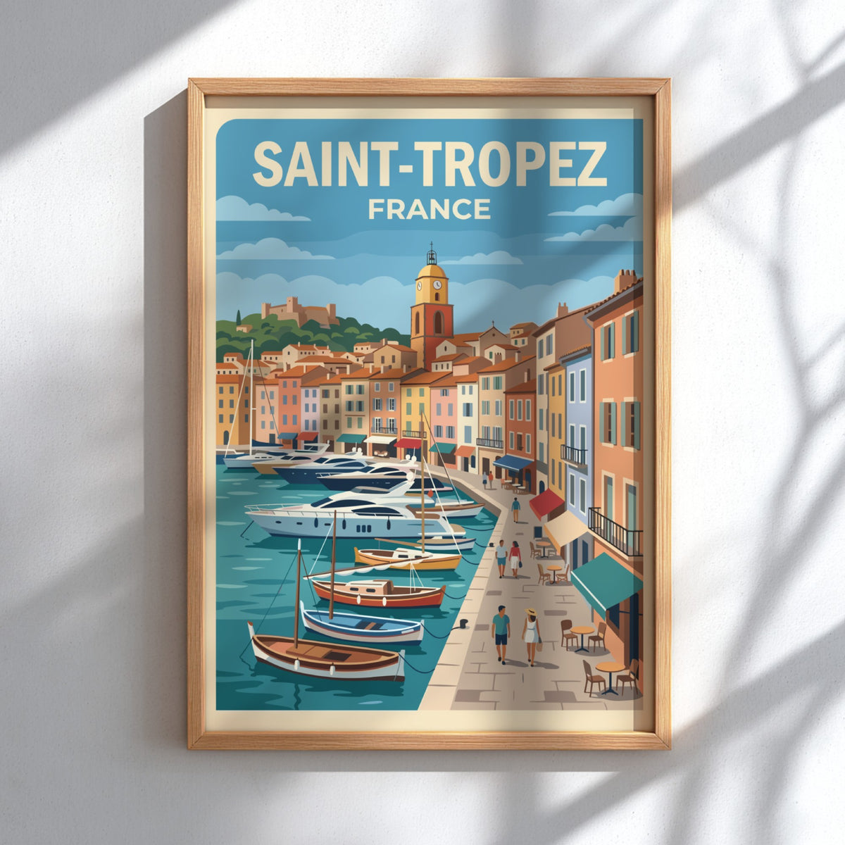 Poster of Saint-Tropez featuring a sunny harbor with yachts and pastel Mediterranean architecture.