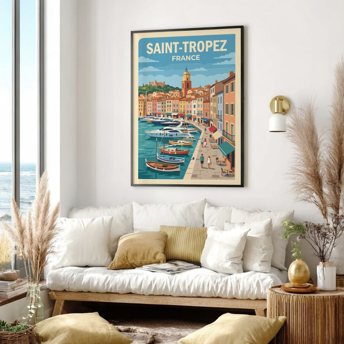 Poster of Saint-Tropez featuring a sunny harbor with yachts and pastel Mediterranean architecture.