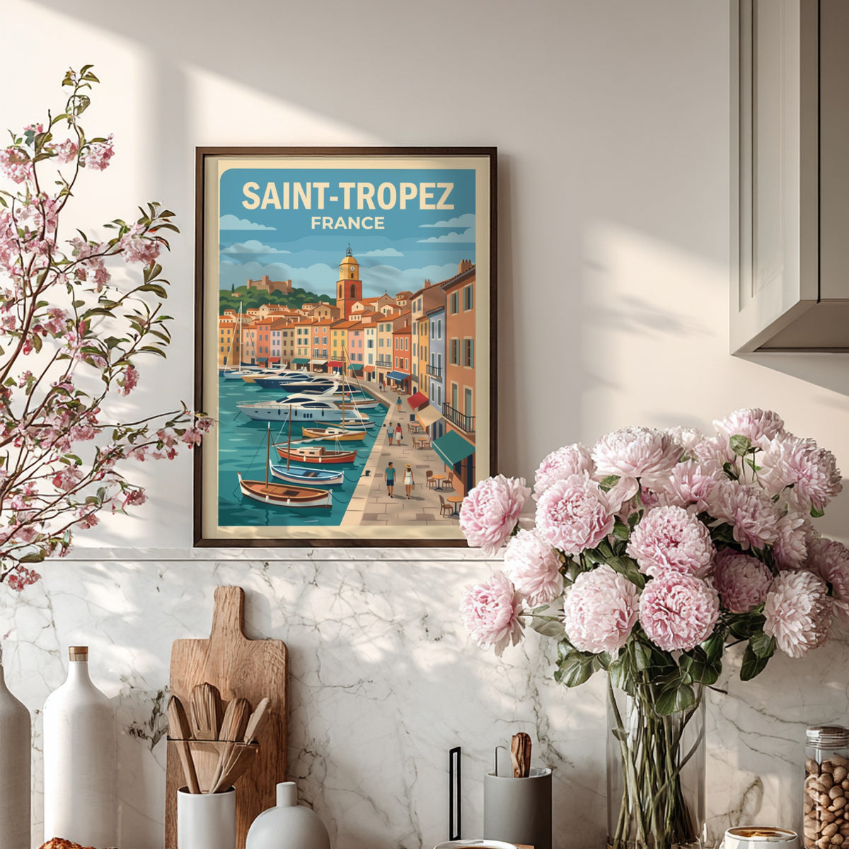 Poster of Saint-Tropez featuring a sunny harbor with yachts and pastel Mediterranean architecture.