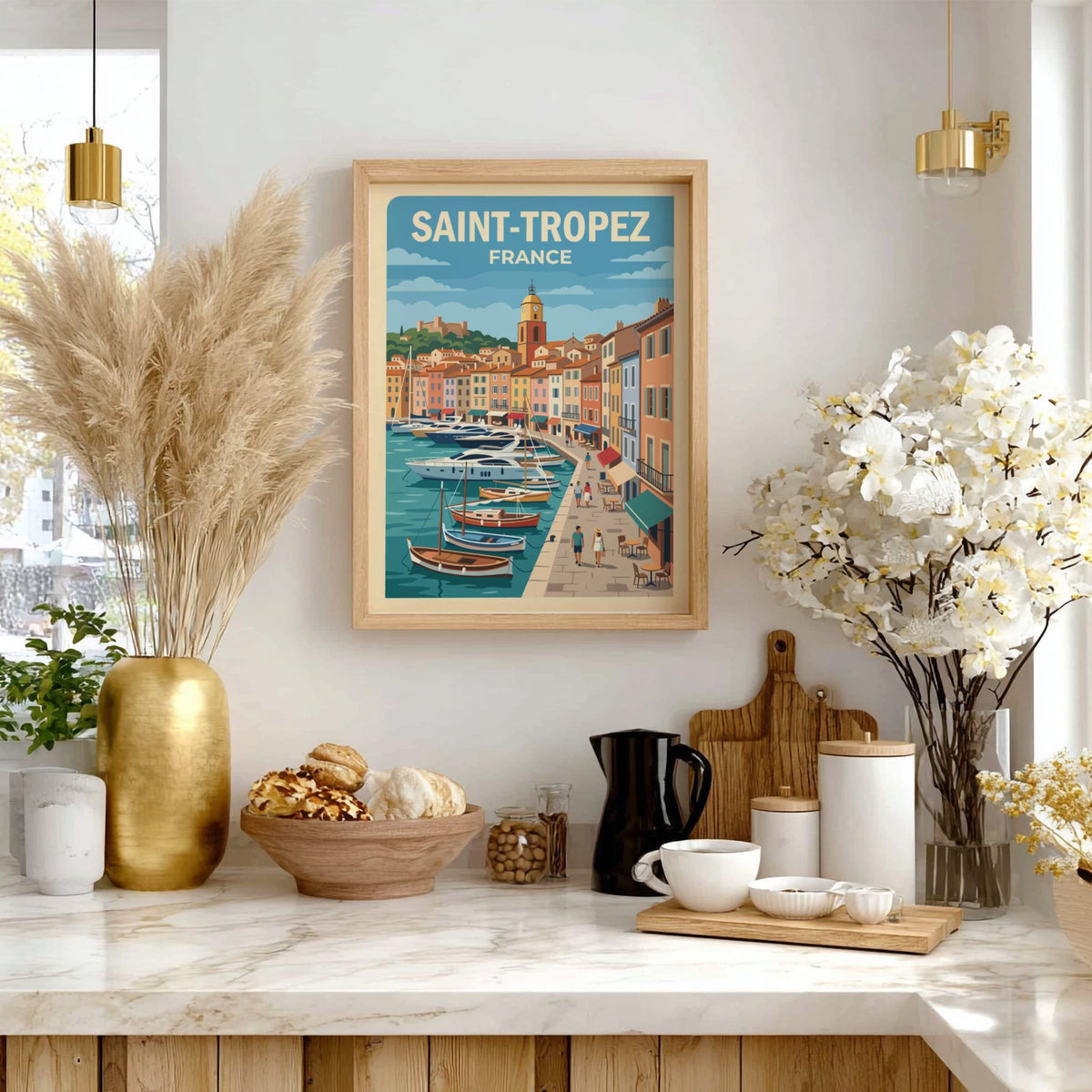 Poster of Saint-Tropez featuring a sunny harbor with yachts and pastel Mediterranean architecture.