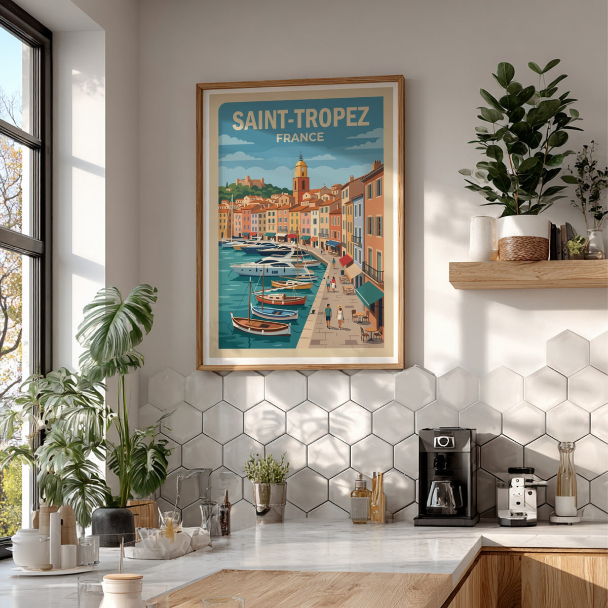 Poster of Saint-Tropez featuring a sunny harbor with yachts and pastel Mediterranean architecture.
