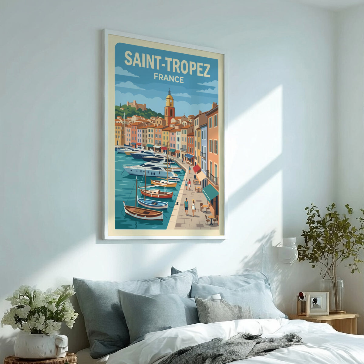 Poster of Saint-Tropez featuring a sunny harbor with yachts and pastel Mediterranean architecture.