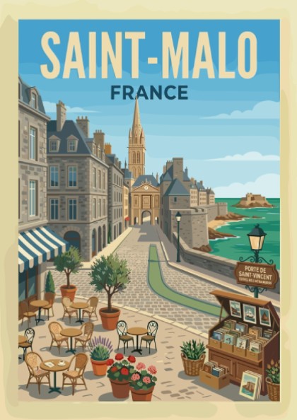 Saint Malo, France travel poster featuring a cobblestone street, historic buildings, and the sea.