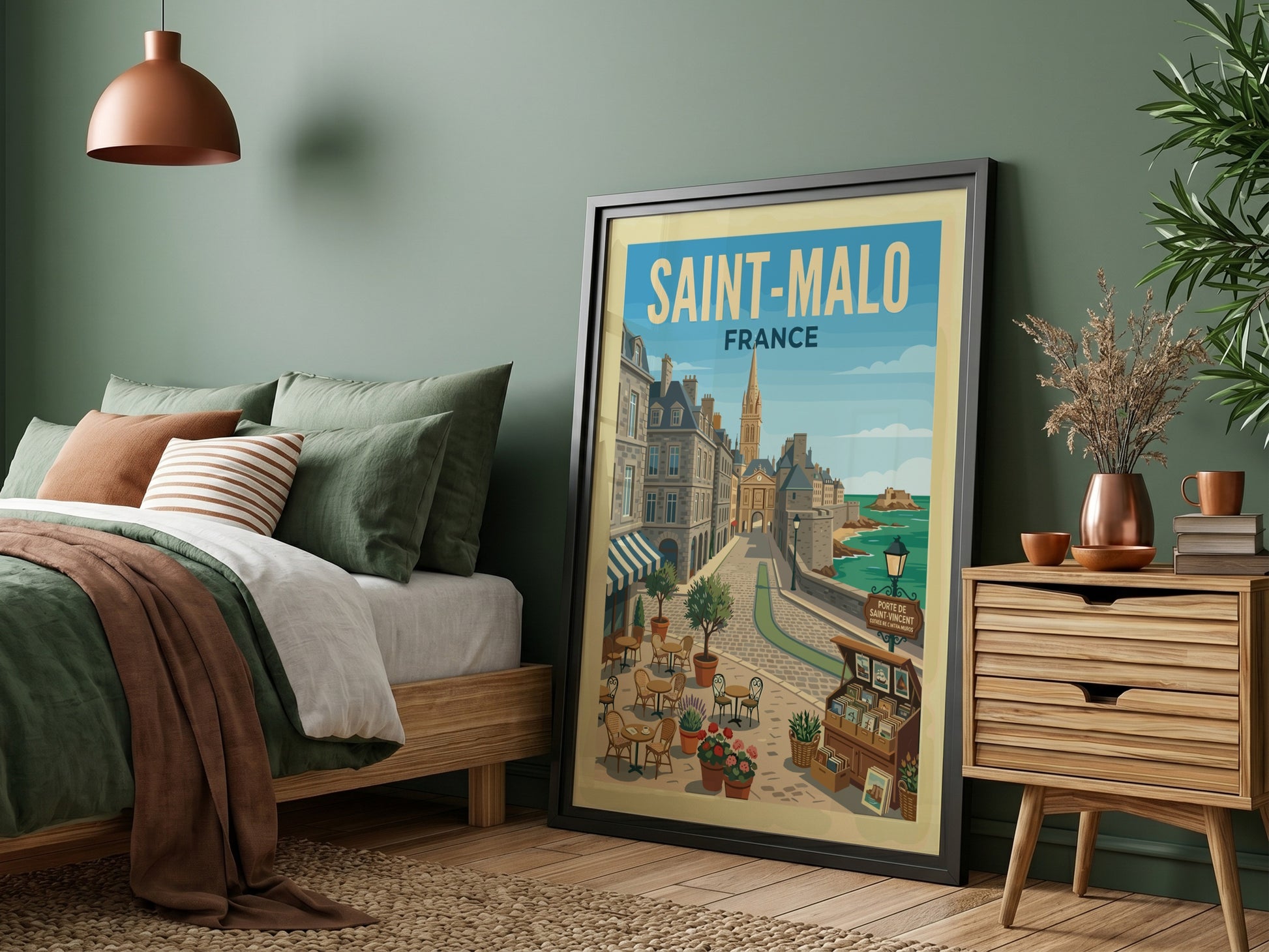 Saint Malo, France travel poster featuring a cobblestone street, historic buildings, and the sea.