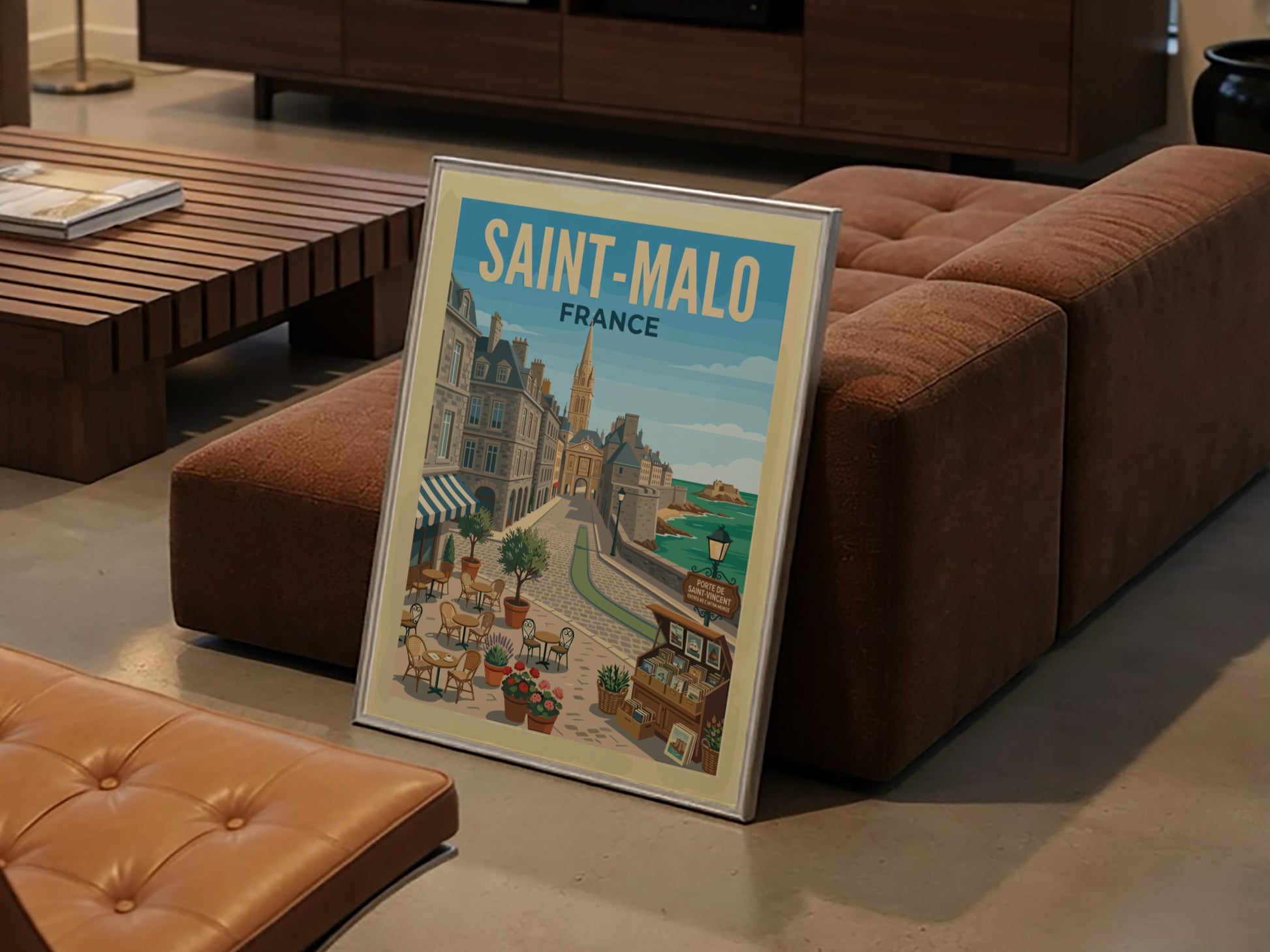 Saint Malo, France travel poster featuring a cobblestone street, historic buildings, and the sea.