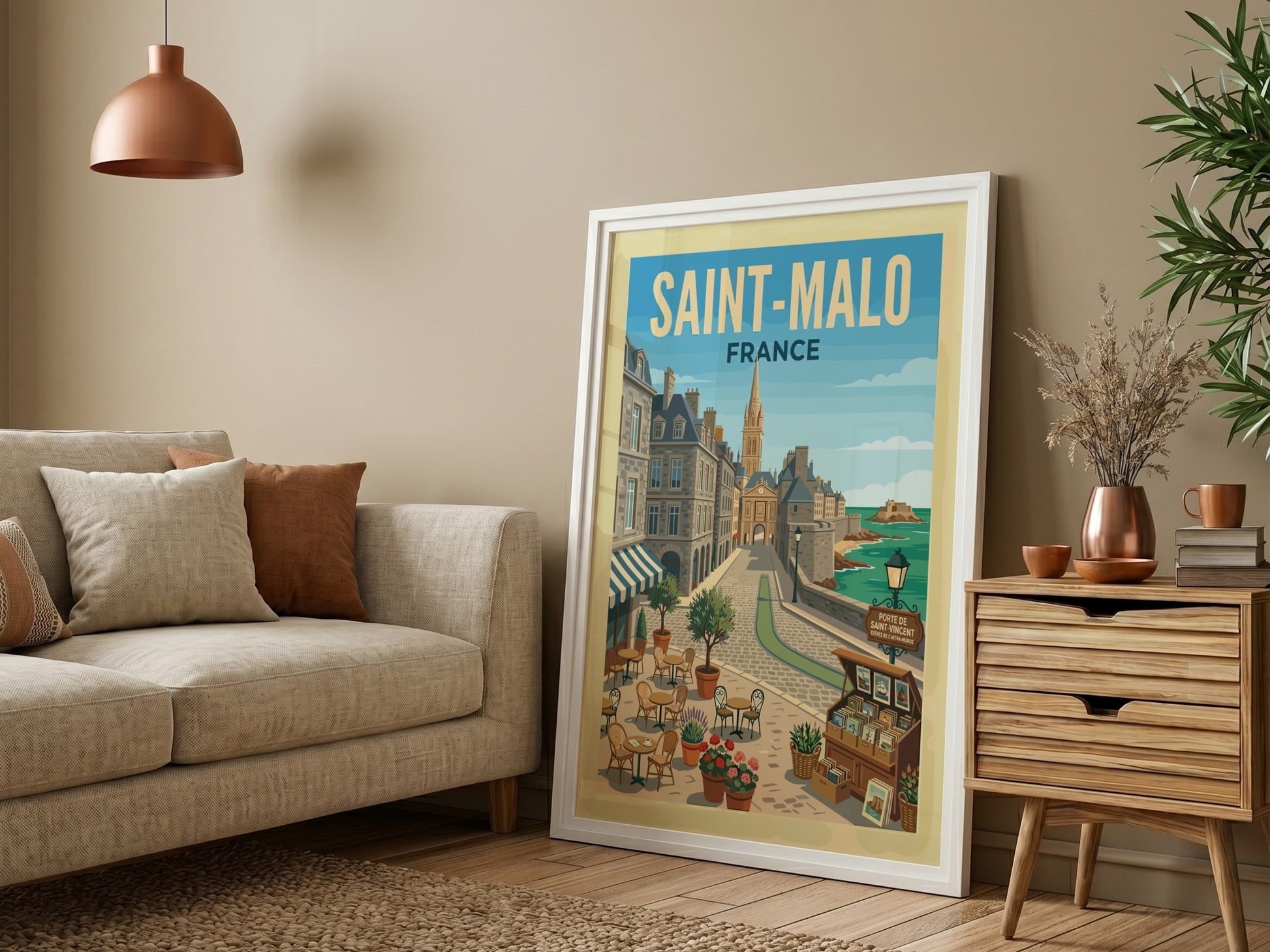 Saint Malo, France travel poster featuring a cobblestone street, historic buildings, and the sea.