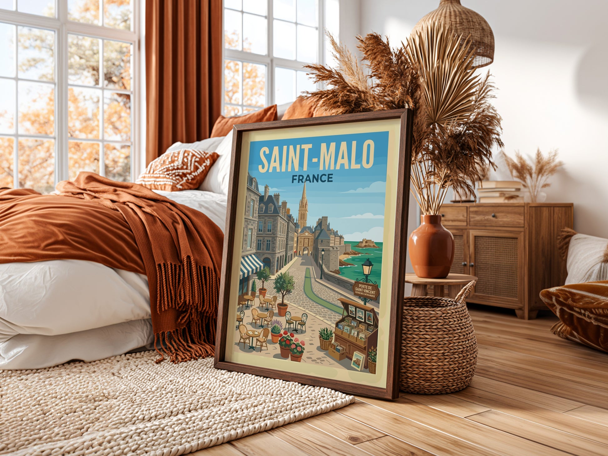 Saint Malo, France travel poster featuring a cobblestone street, historic buildings, and the sea.