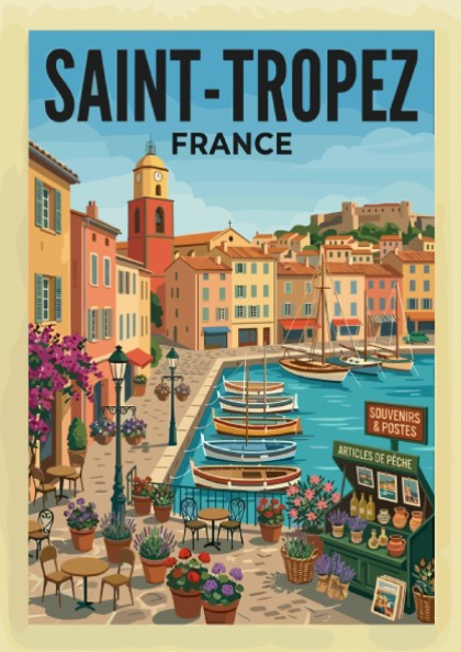 Saint-Tropez Harbor travel poster featuring colorful buildings and sailboats in a coastal French town.