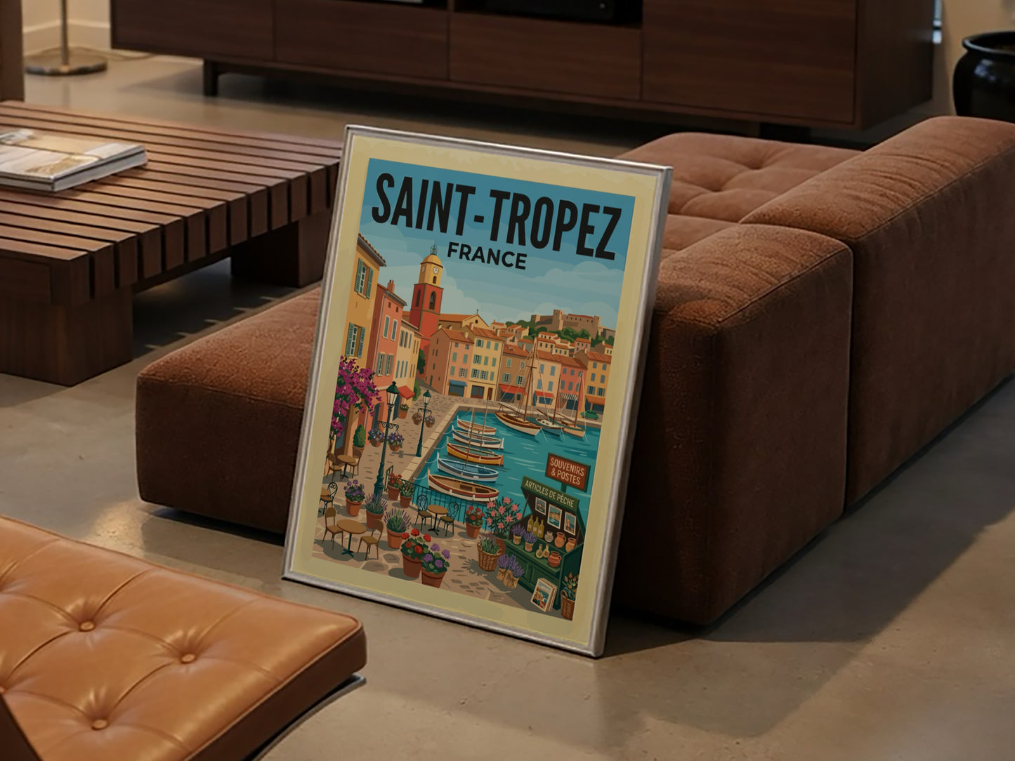 Saint-Tropez Harbor travel poster featuring colorful buildings and sailboats in a coastal French town.