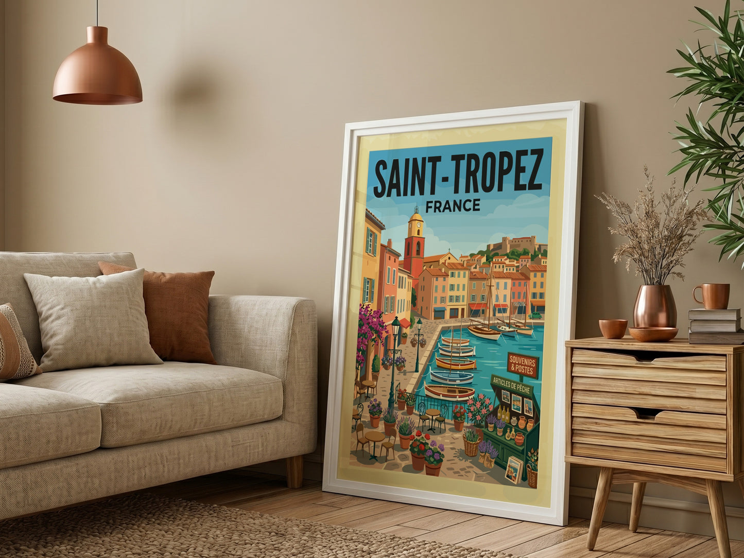 Saint-Tropez Harbor travel poster featuring colorful buildings and sailboats in a coastal French town.