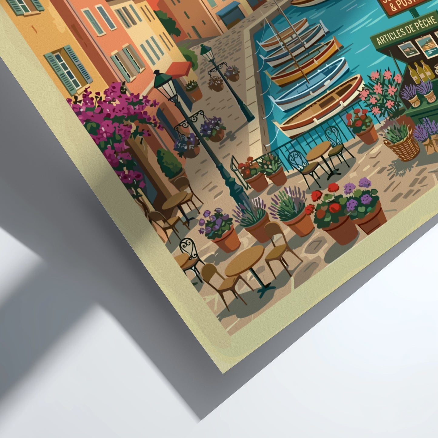 Saint-Tropez Harbor travel poster featuring colorful buildings and sailboats in a coastal French town.