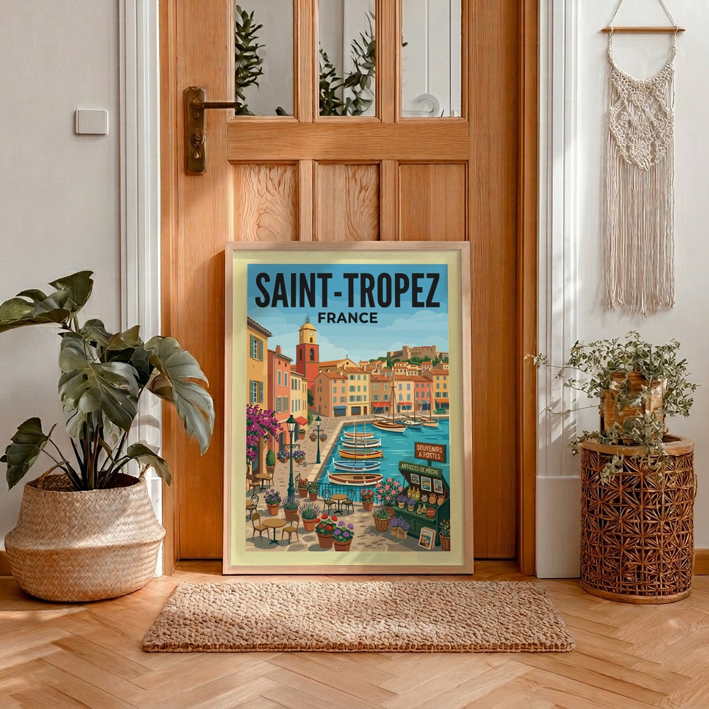 Saint-Tropez Harbor travel poster featuring colorful buildings and sailboats in a coastal French town.