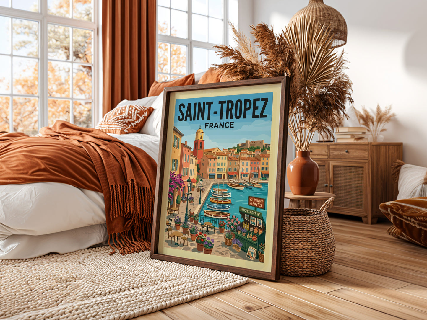 Saint-Tropez Harbor travel poster featuring colorful buildings and sailboats in a coastal French town.