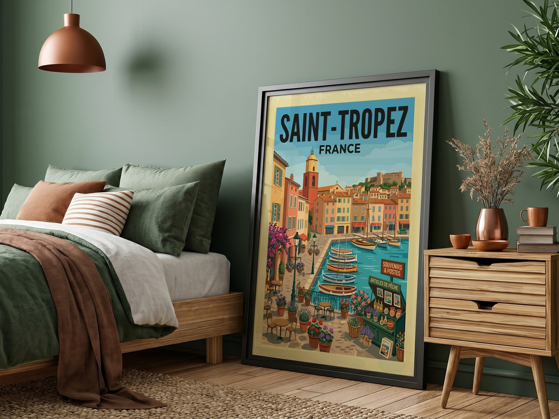 Saint-Tropez Harbor travel poster featuring colorful buildings and sailboats in a coastal French town.