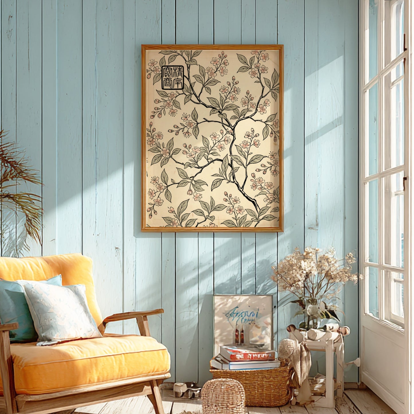 Sakura Branch Pattern Poster featuring delicate pink flowers and branches in Japanese art style