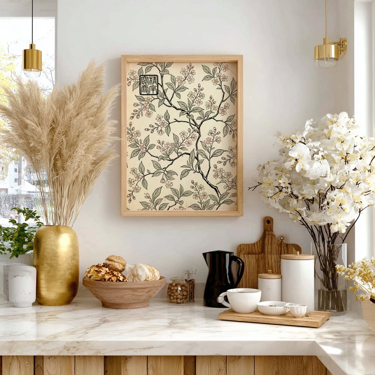Sakura Branch Pattern Poster featuring delicate pink flowers and branches in Japanese art style