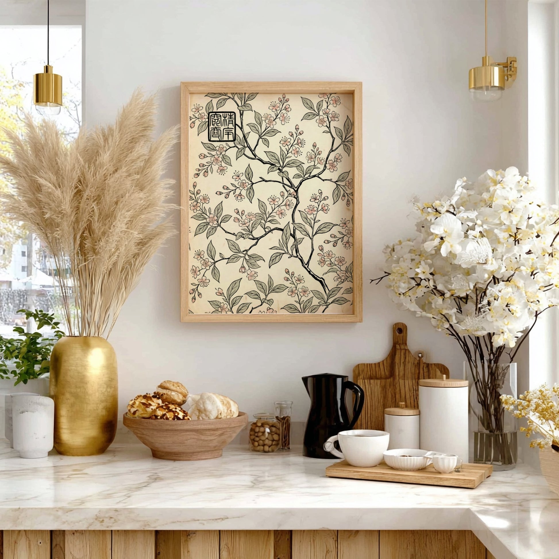 Sakura Branch Pattern Poster featuring delicate pink flowers and branches in Japanese art style