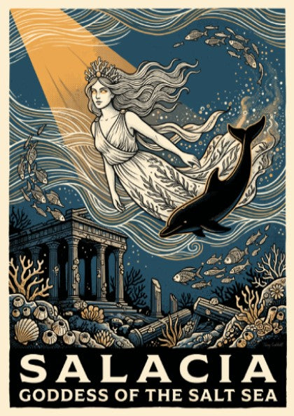 Poster featuring Salacia Goddess of the Salt Sea surrounded by marine life and ruins
