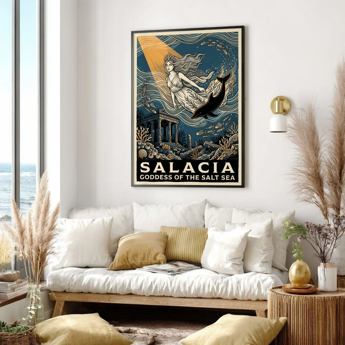 Poster featuring Salacia Goddess of the Salt Sea surrounded by marine life and ruins