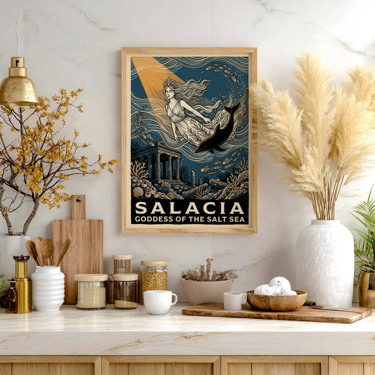 Poster featuring Salacia Goddess of the Salt Sea surrounded by marine life and ruins