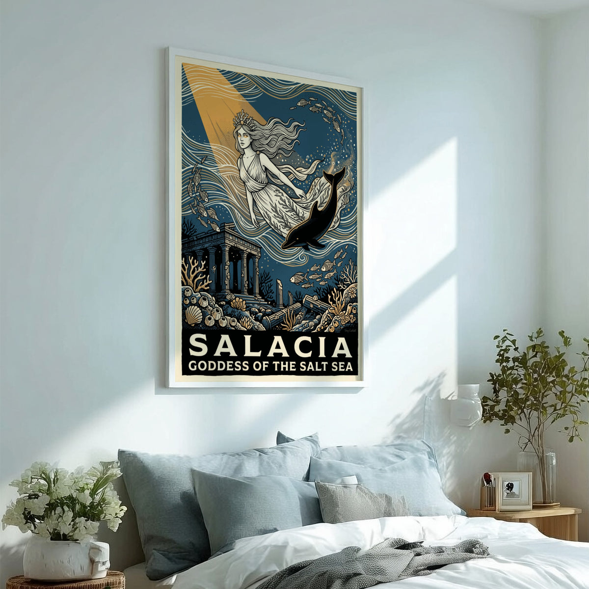 Poster featuring Salacia Goddess of the Salt Sea surrounded by marine life and ruins