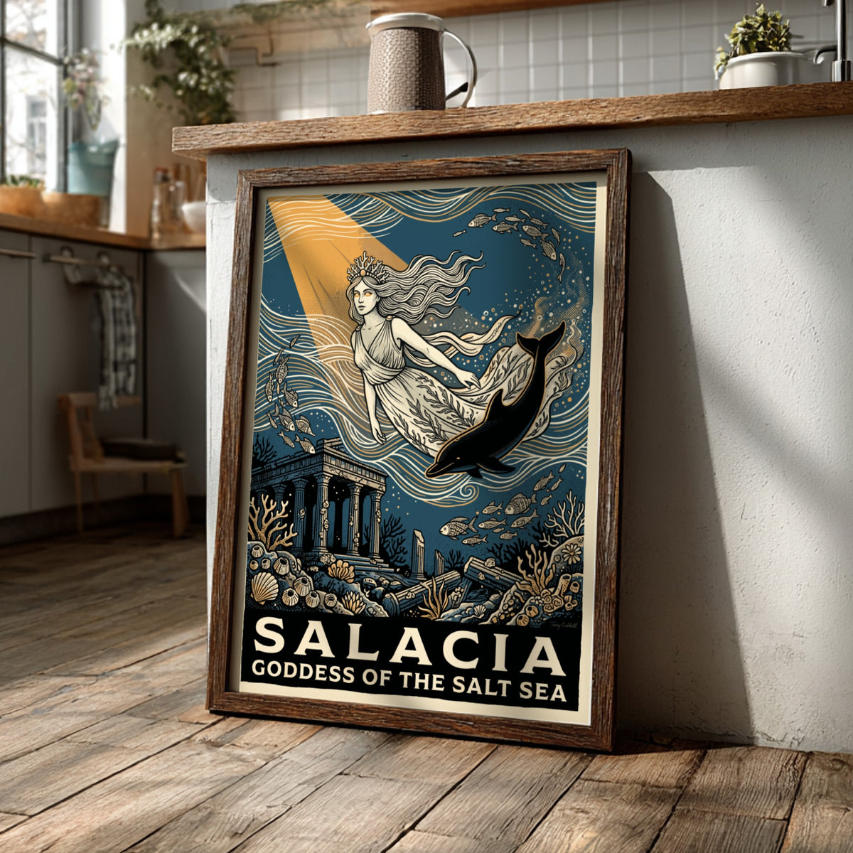 Poster featuring Salacia Goddess of the Salt Sea surrounded by marine life and ruins