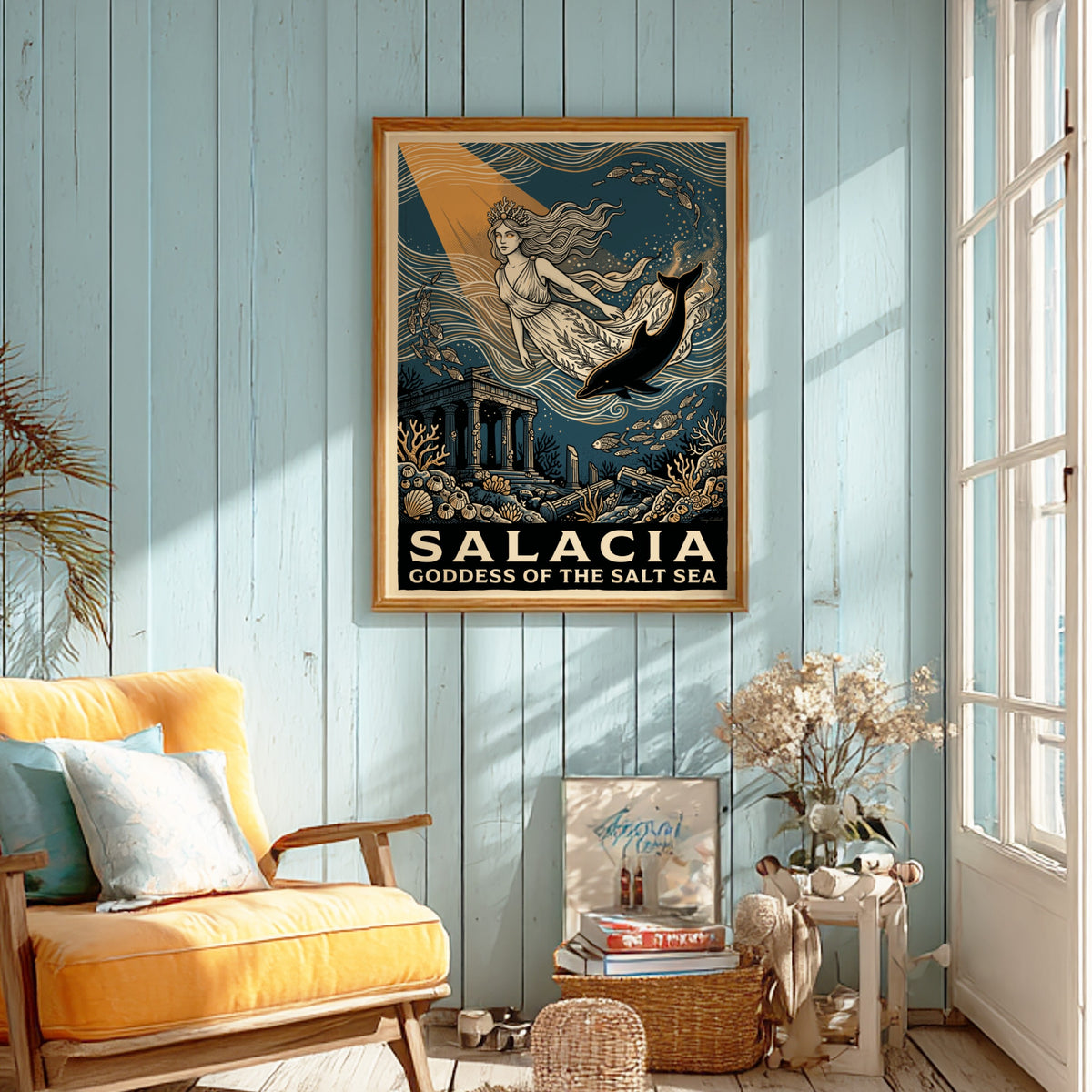 Poster featuring Salacia Goddess of the Salt Sea surrounded by marine life and ruins