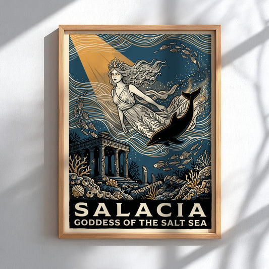 Poster featuring Salacia Goddess of the Salt Sea surrounded by marine life and ruins