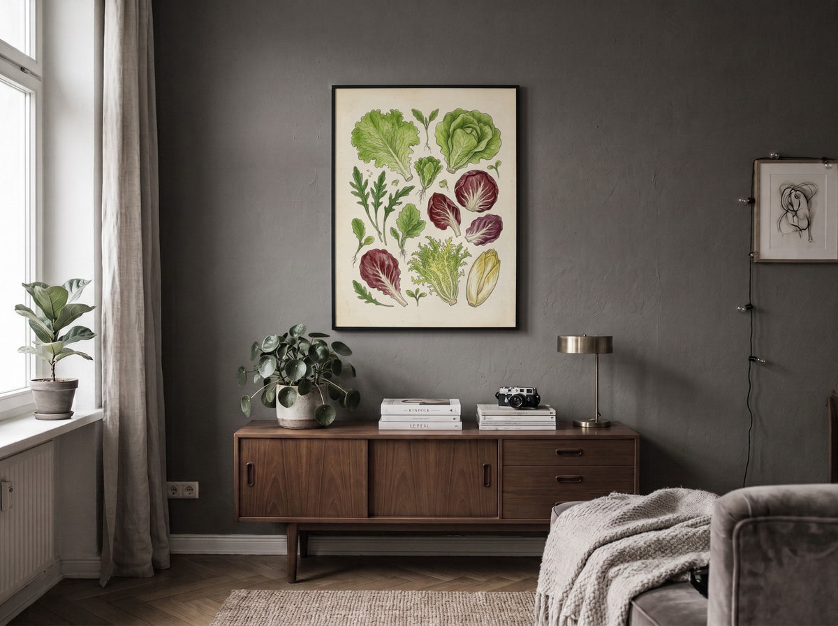 Poster displaying a detailed botanical illustration of various fresh salad leaves and greens.