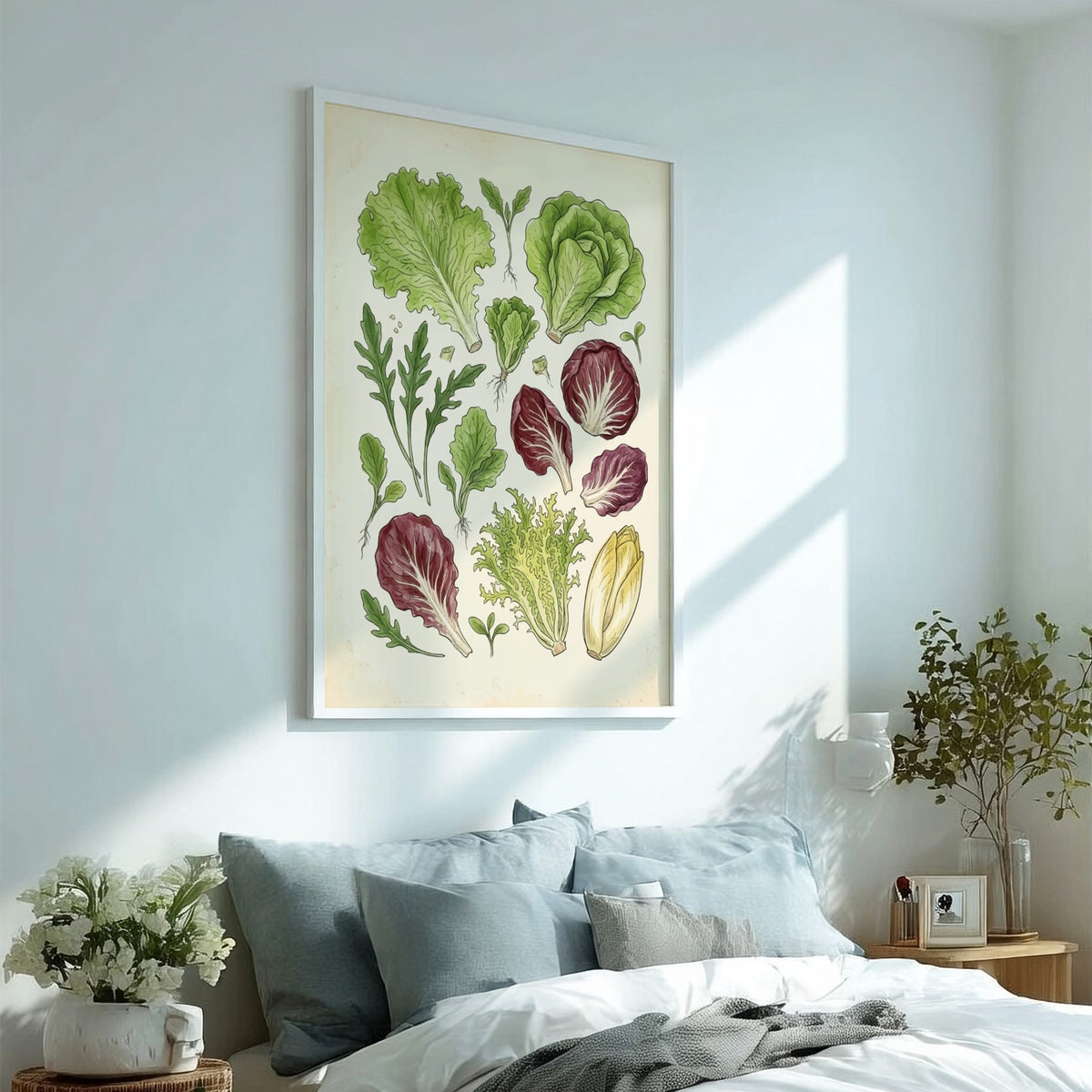 Poster displaying a detailed botanical illustration of various fresh salad leaves and greens.