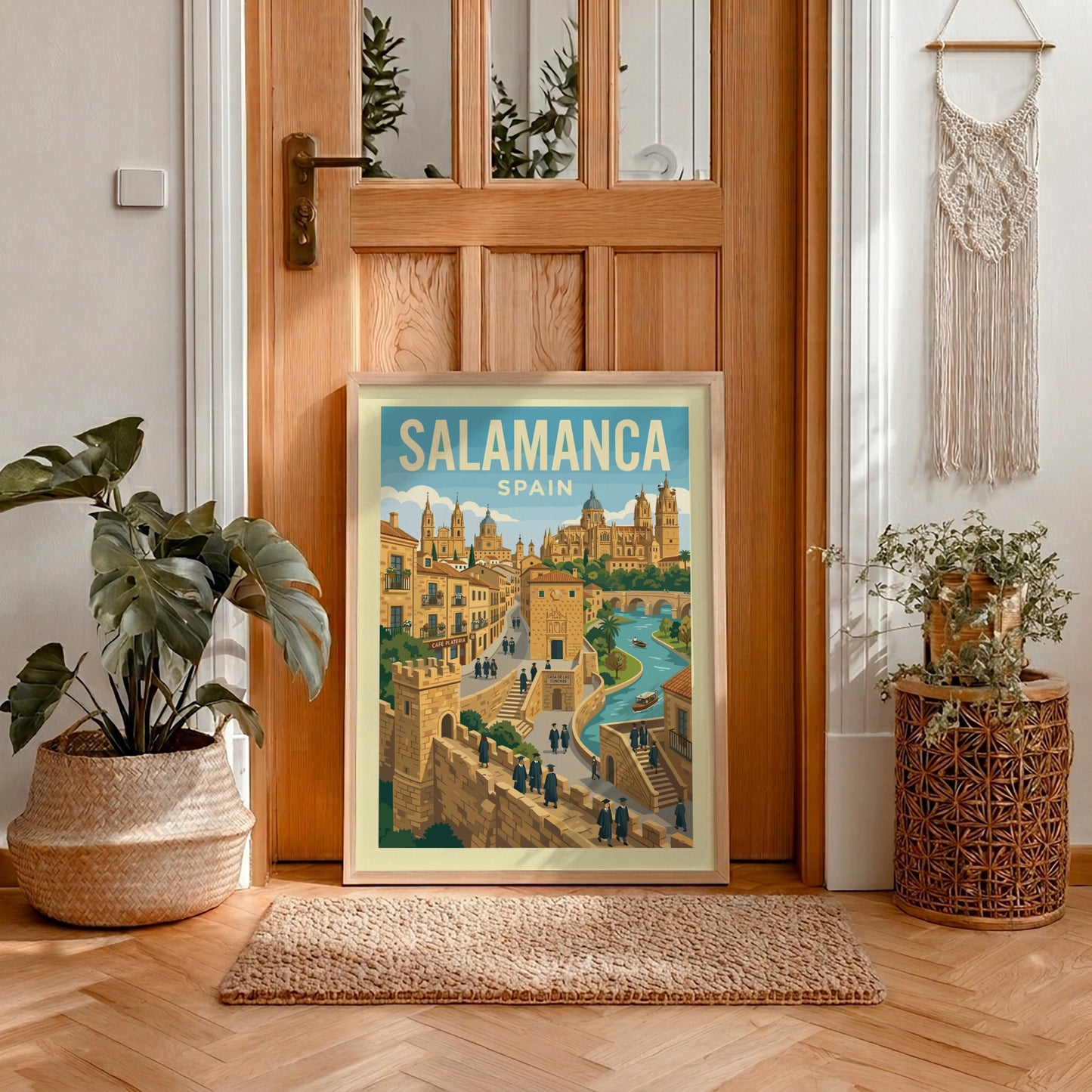 Retro illustration travel poster of Salamanca, Spain, featuring historic buildings and a river.