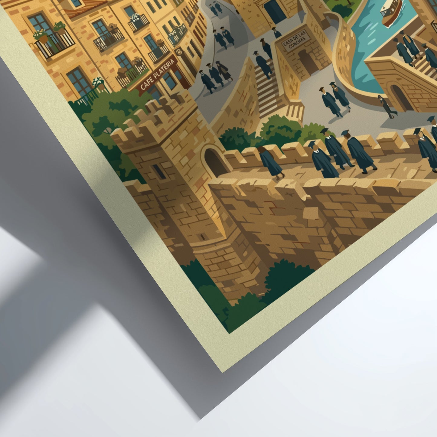Retro illustration travel poster of Salamanca, Spain, featuring historic buildings and a river.