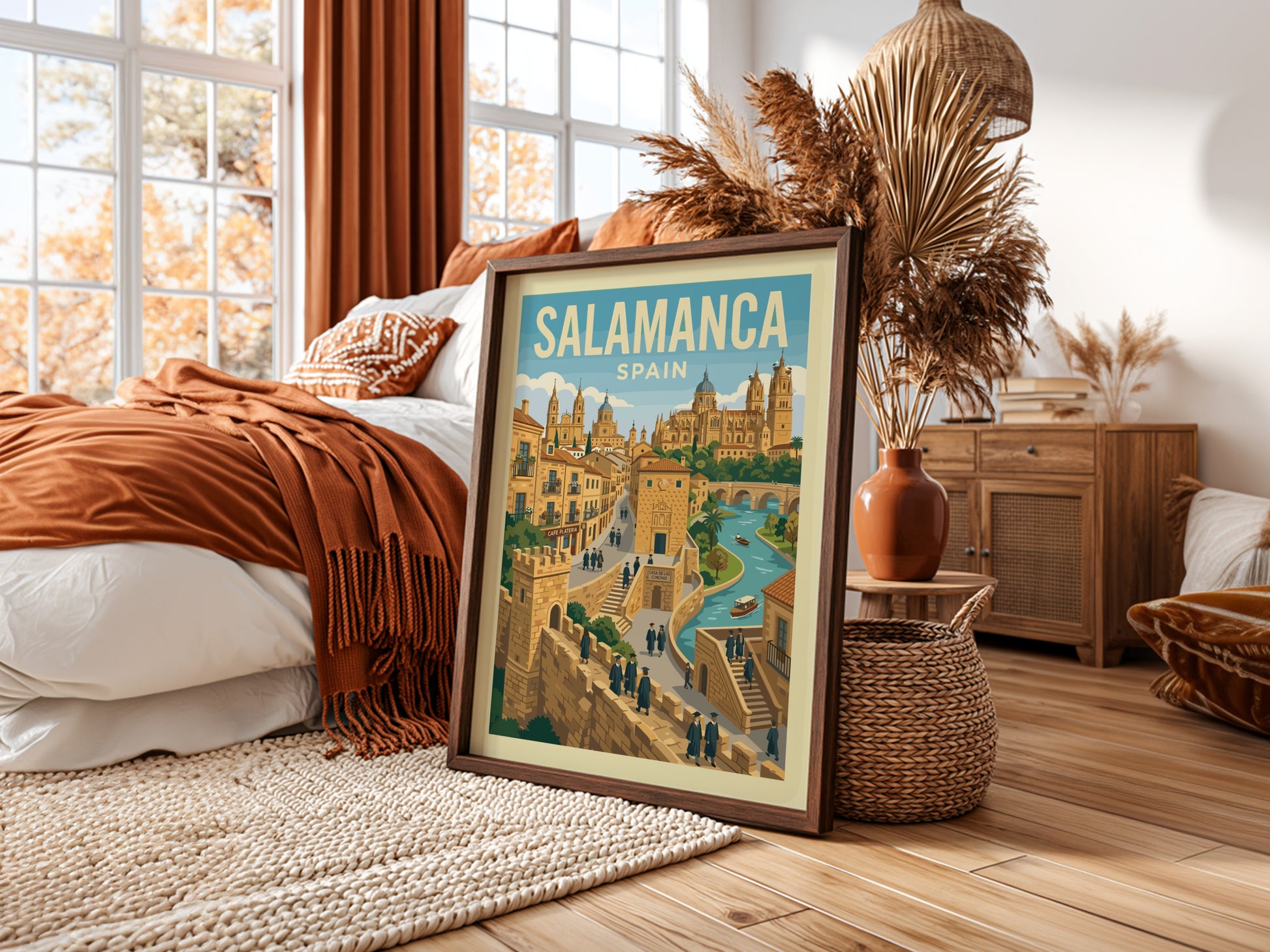 Retro illustration travel poster of Salamanca, Spain, featuring historic buildings and a river.