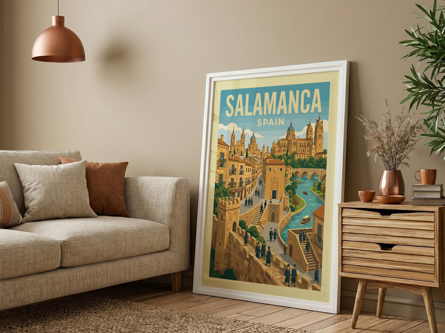 Retro illustration travel poster of Salamanca, Spain, featuring historic buildings and a river.