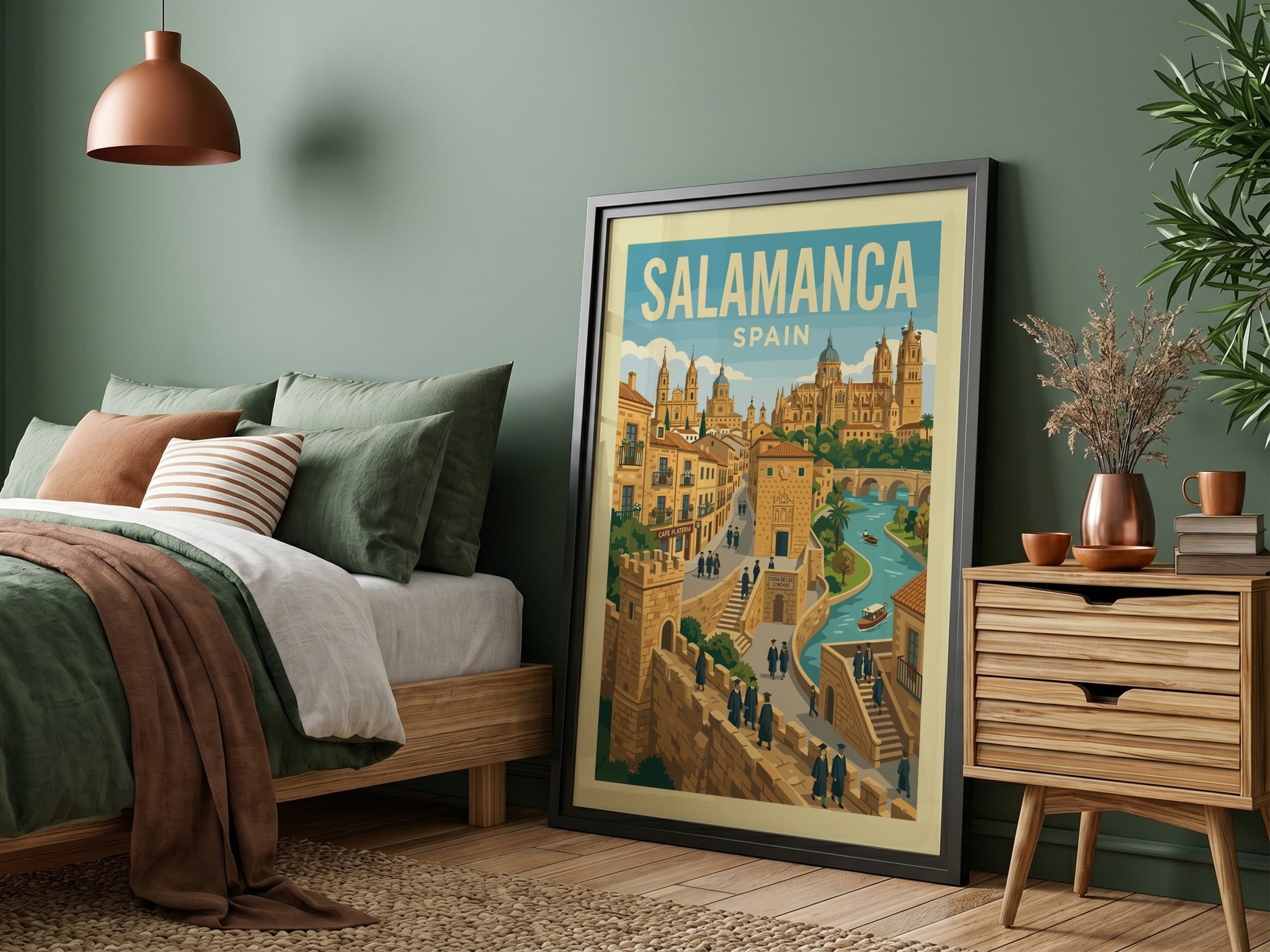 Retro illustration travel poster of Salamanca, Spain, featuring historic buildings and a river.