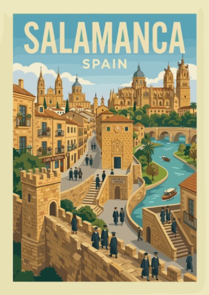 Retro illustration travel poster of Salamanca, Spain, featuring historic buildings and a river.