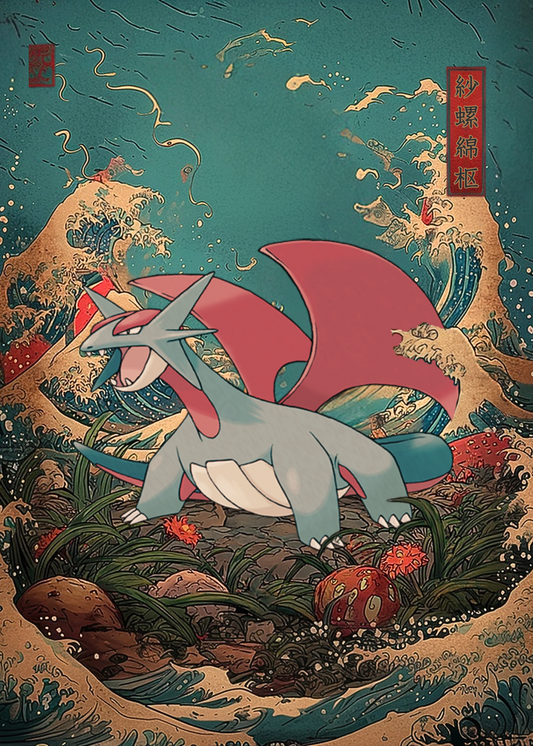 Animated character in a fantasy setting with Salamence Pokemon and stylized background