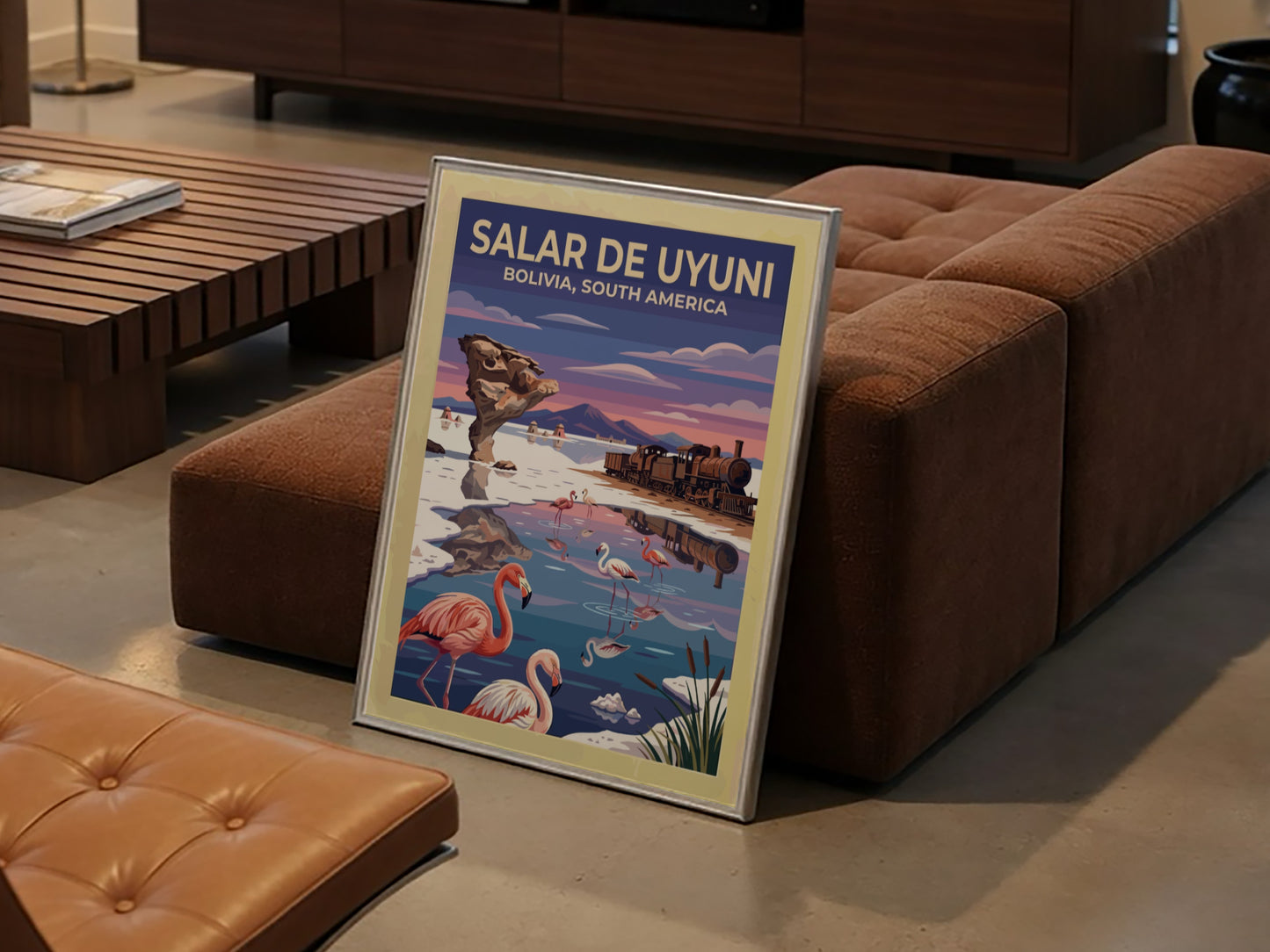 Travel poster featuring pink flamingos at Salar de Uyuni Bolivia with vintage train