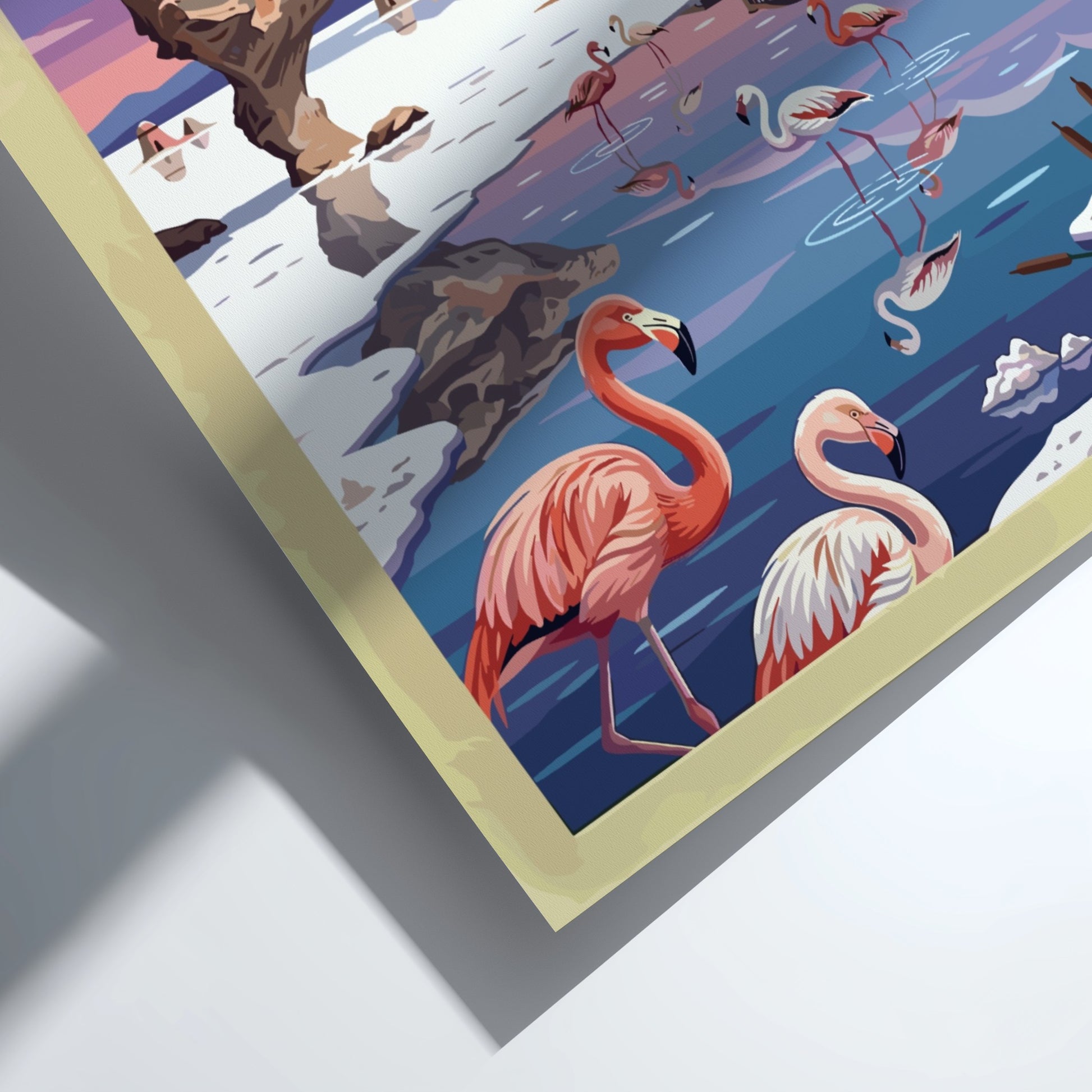 Travel poster featuring pink flamingos at Salar de Uyuni Bolivia with vintage train