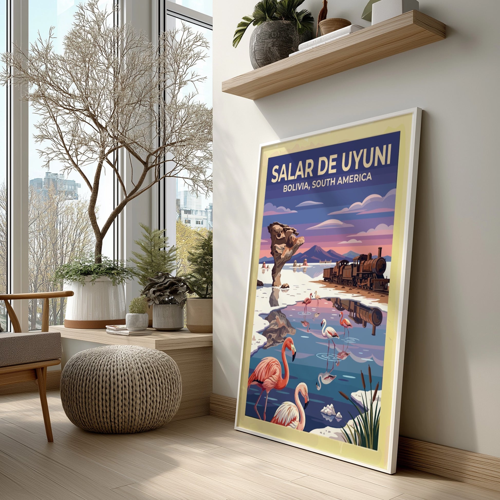 Travel poster featuring pink flamingos at Salar de Uyuni Bolivia with vintage train