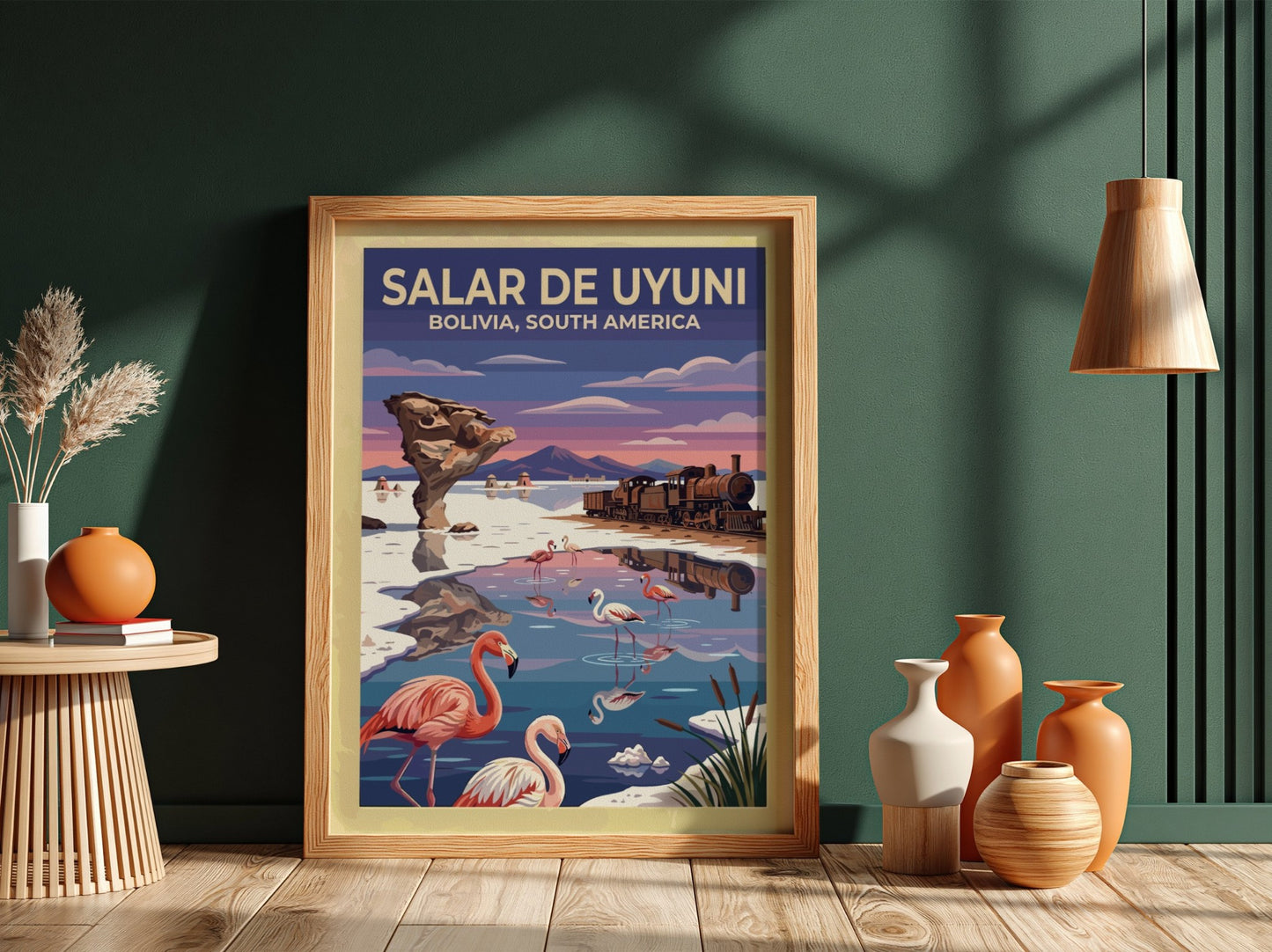 Travel poster featuring pink flamingos at Salar de Uyuni Bolivia with vintage train
