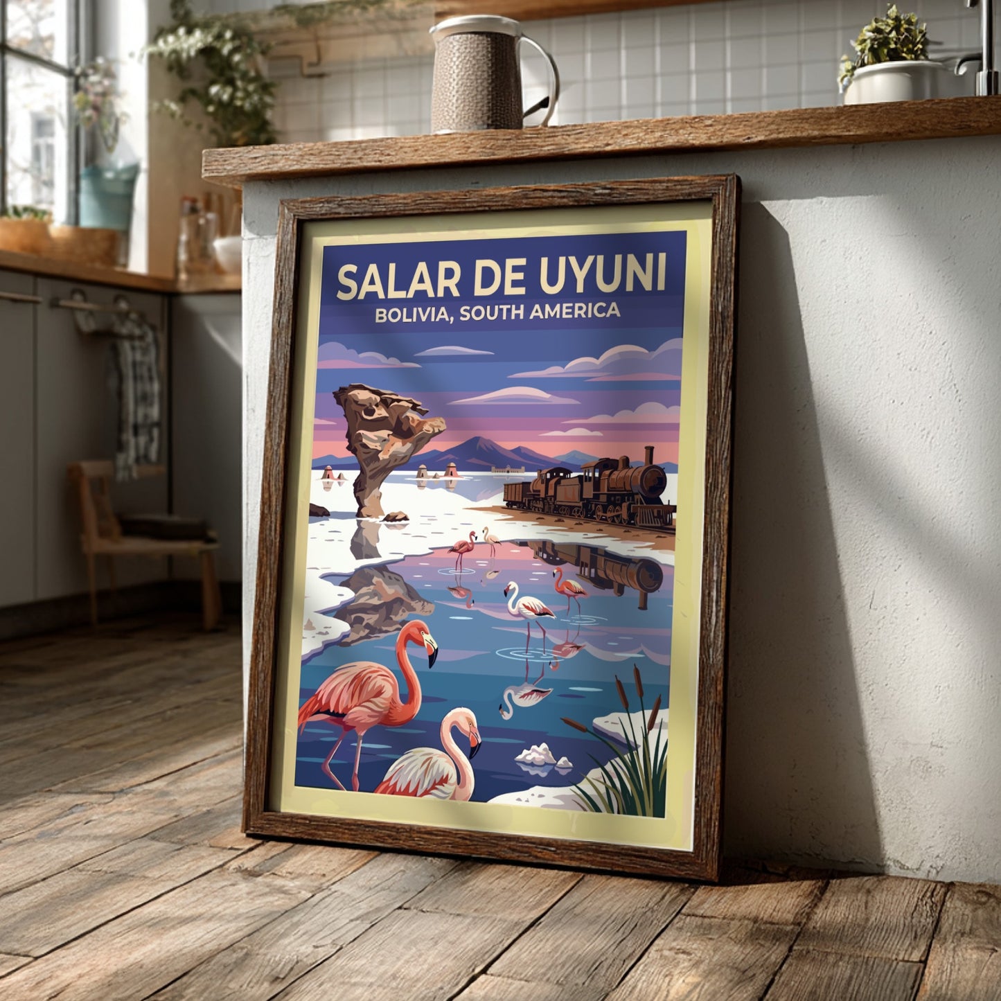 Travel poster featuring pink flamingos at Salar de Uyuni Bolivia with vintage train