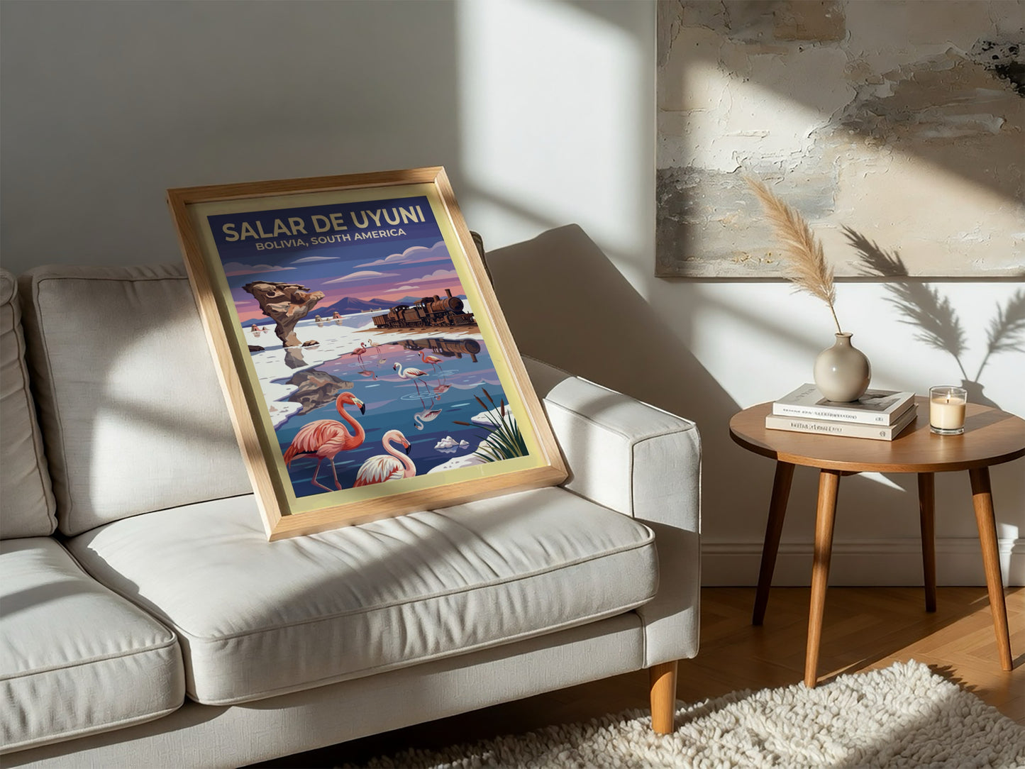 Travel poster featuring pink flamingos at Salar de Uyuni Bolivia with vintage train